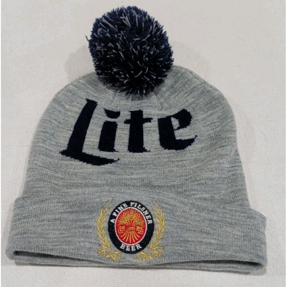 Miller Lite Beer American Eagle Gray Pompon Hat Beanie